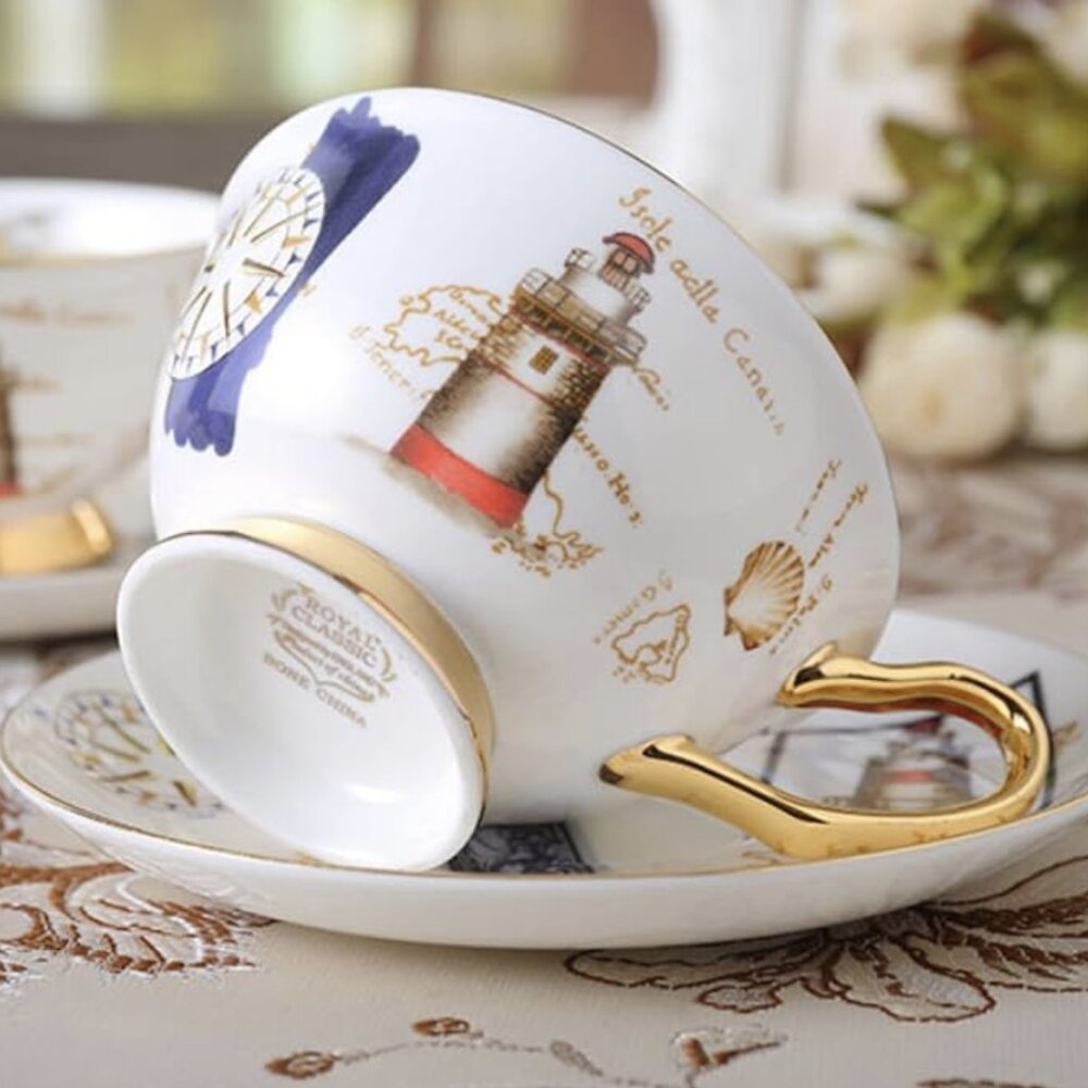 Royal Classic Bone China Teacup and Saucer Set, Nautical Lighthouse & Canary Isl
